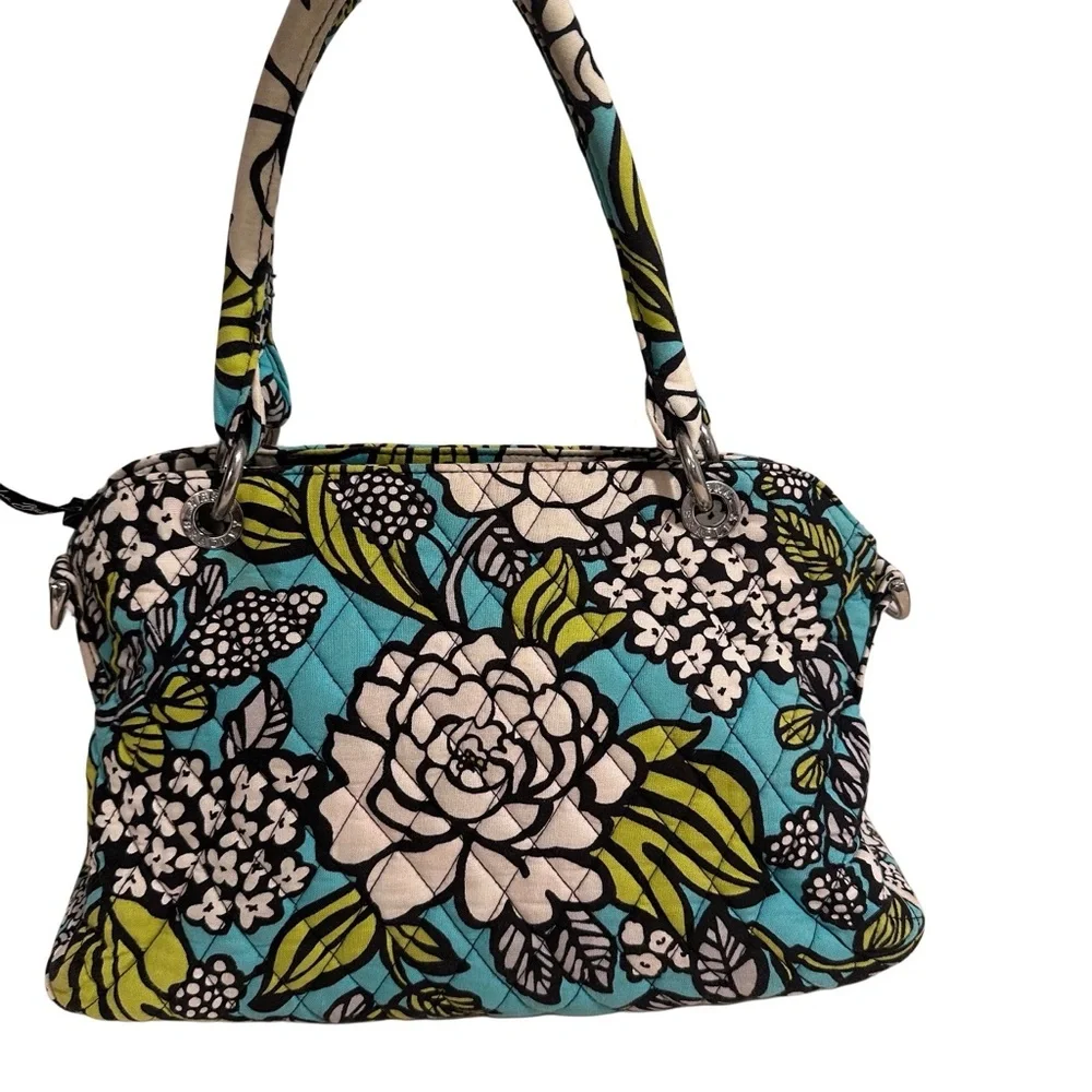 Vera Bradley Medium Tote Purse in Retired Island Blooms Teal Floral Quilted GUC